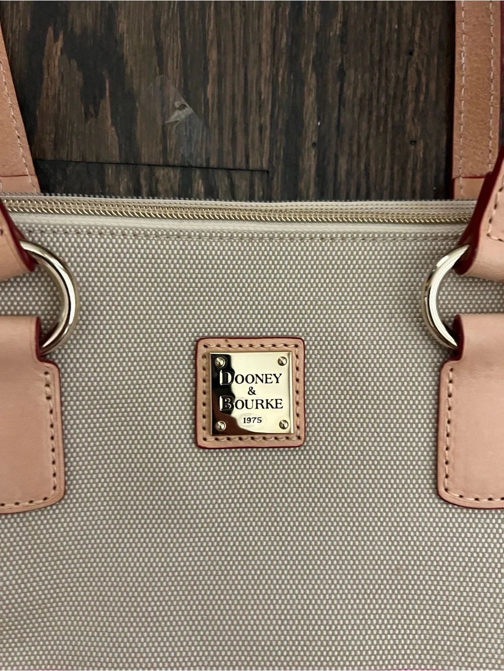 Dooney & Bourke Beige Canvas Tote with Pink Stripes and Tan Handles